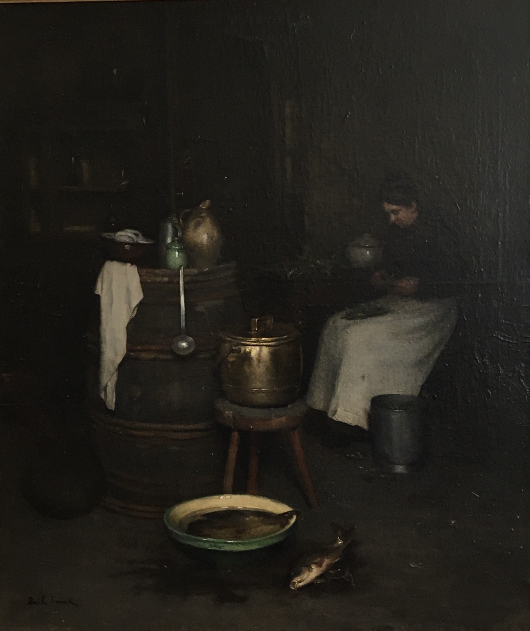 Franck Antoine Bail, Intérieur de cuisine avec femme en préparation du souper Franck Antoine Bail, Intérieur de cuisine avec femme en préparation du souper