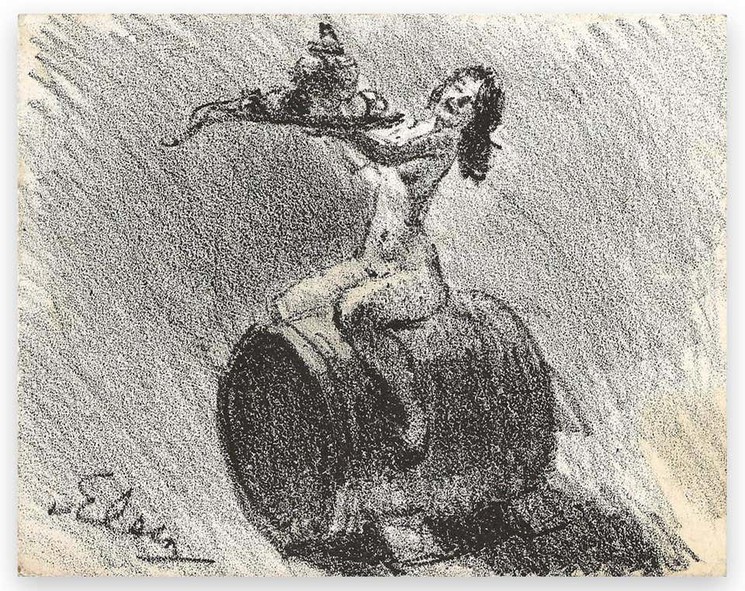 Theodore van Elsen, Naked Woman Sitting on Barrel, Zeichnungen auf Papier