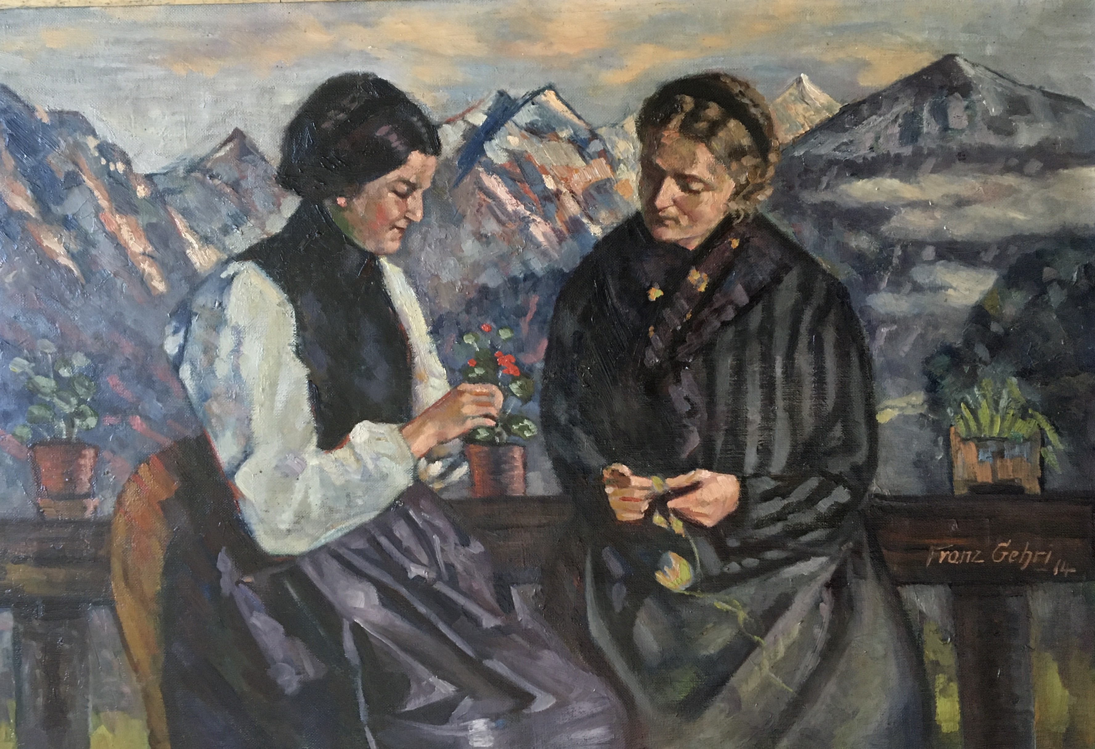 Franz Gehri, Jeunes femmes sur le balcon avec vue sur les Alpes Franz Gehri, Jeunes femmes sur le balcon avec vue sur les Alpes