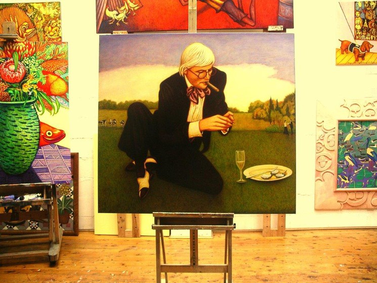 Bob Marchant, David Hockney enjoying Oysters, Champagne and a Cigar at Glyndbourne Opera House lawn, Peinture sur toile