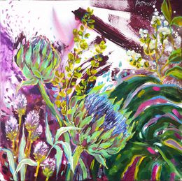 Painting, Monstera and Artichokes on violet II, Jenya Pestova