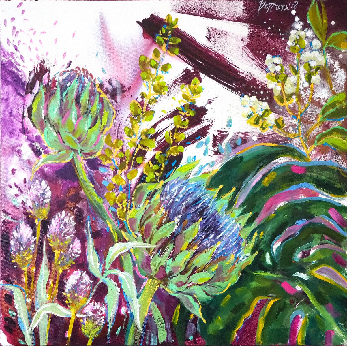 Jenya Pestova, Monstera and Artichokes on violet II Jenya Pestova, Monstera and Artichokes on violet II