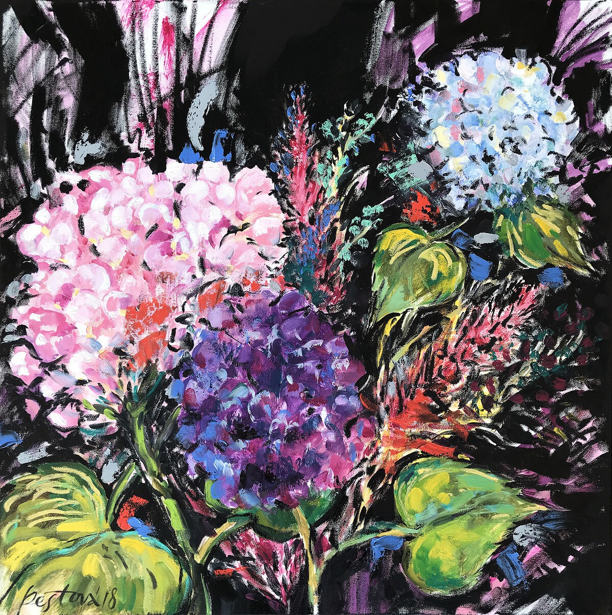 Jenya Pestova, Three Hydrangeas on black Jenya Pestova, Three Hydrangeas on black