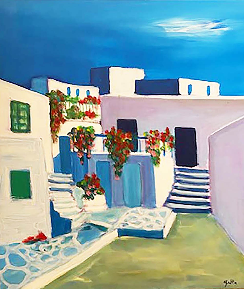 ▷ Escalier à Mykonos par Claude Balta, 1990, Peinture