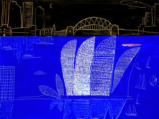Ken Done, Sydney Harbour, spotted Opera House, black Sky, Print