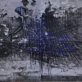 Peinture, "Les coucous" abstrait diptyque vernis pigments et marquages sur plaque de bois 100x(125-125)cm, Olivier Ebel