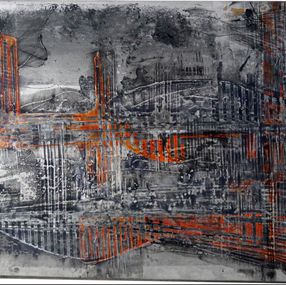 Gemälde, "D'un pont à un autre" abstrait vernis pigments et masquages sur plaque de bois 77x122cm, Olivier Ebel