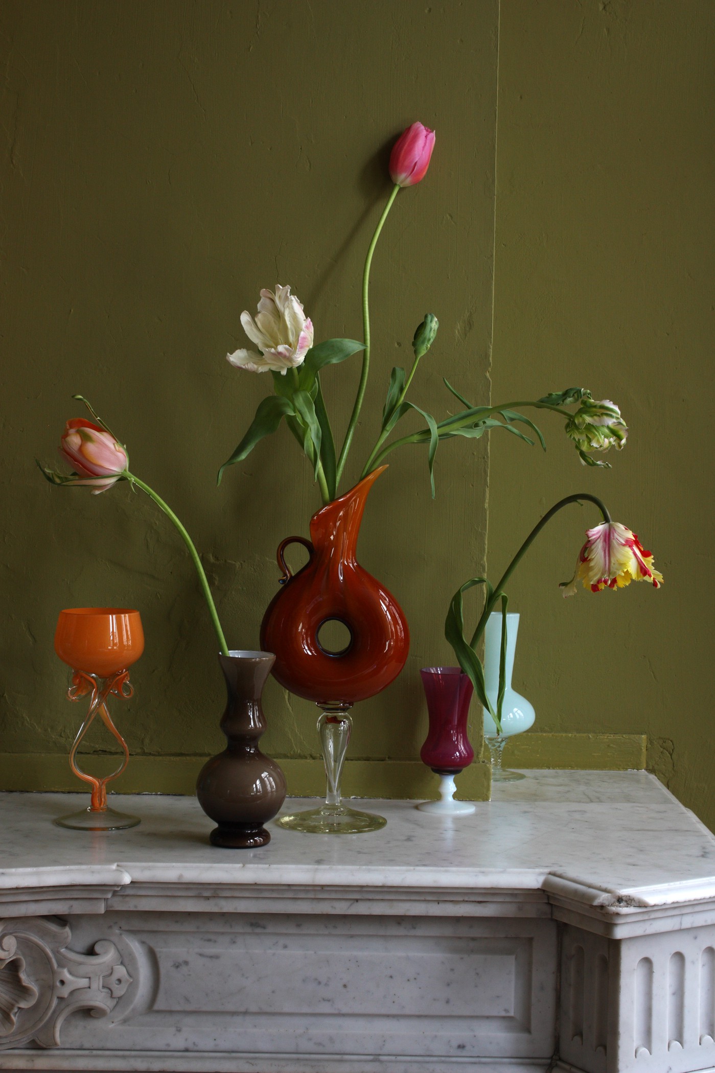 Michael James O'Brien, Still Life with Tulips and 5 Opalina Vases, Antwerp Michael James O'Brien, Still Life with Tulips and 5 Opalina Vases, Antwerp