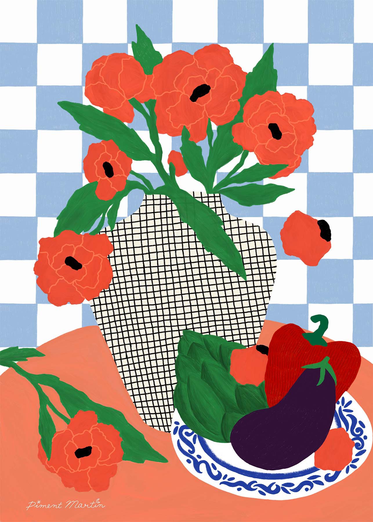 Piment Martin, Carreaux bleu - Reproduction digigraphie Piment Martin, Carreaux bleu - Reproduction digigraphie