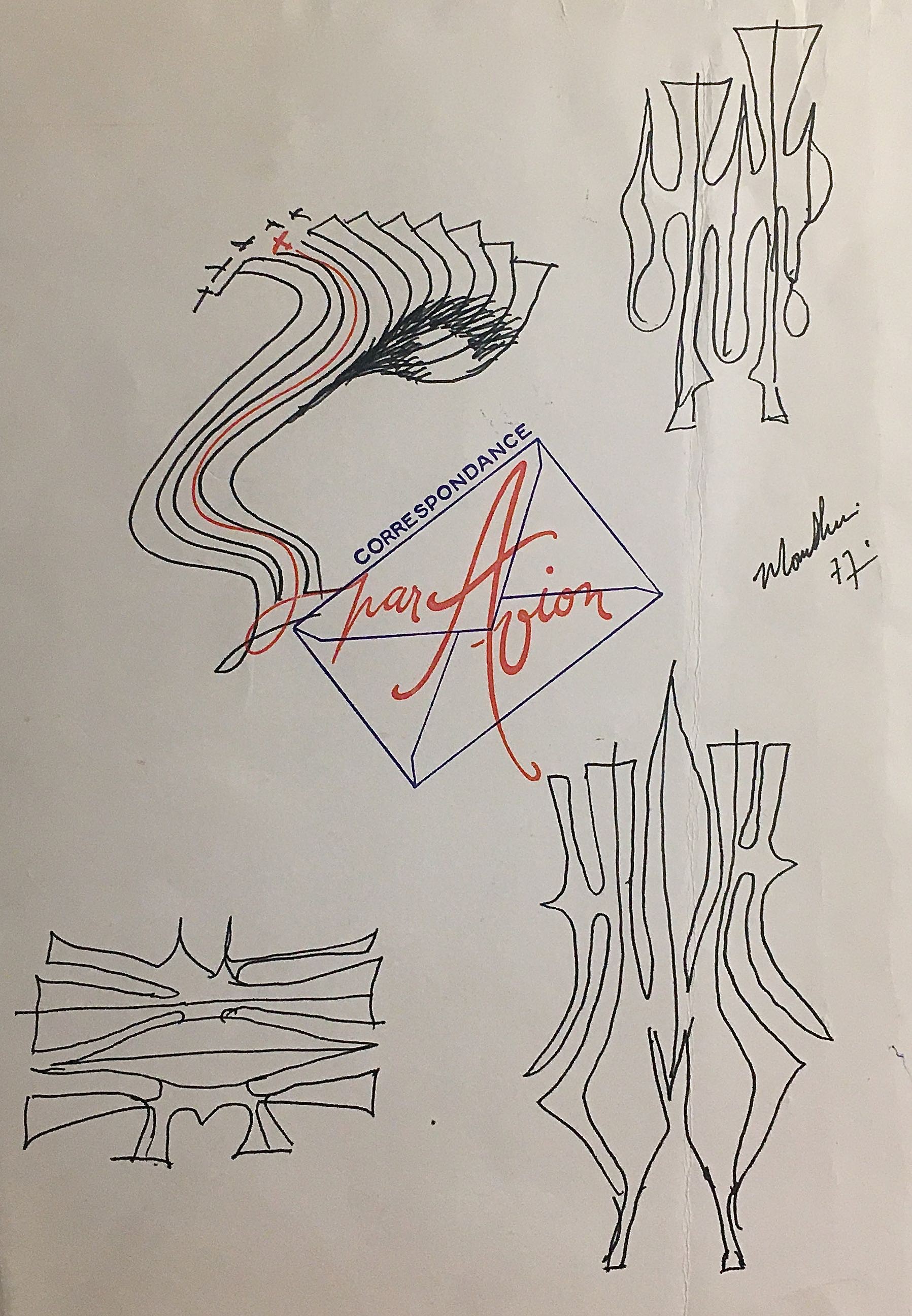 Moon Shin, 4 Black Sculptures 1977 on Vintage Paper Par Avion Moon Shin, 4 Black Sculptures 1977 on Vintage Paper Par Avion