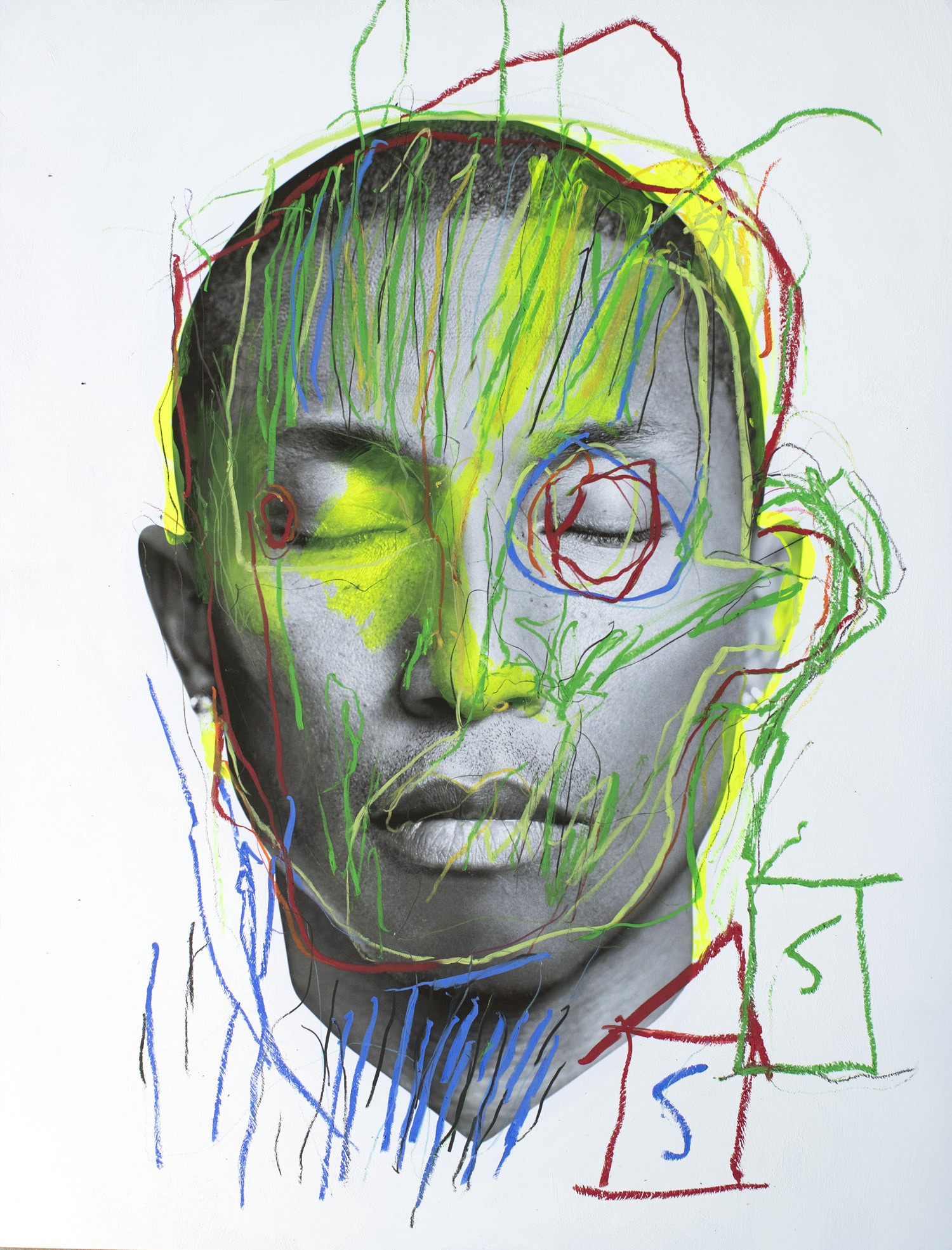 Hunter & Gatti, Head, Pharrell Williams Portrait. Photography intervened by the artists. Hunter & Gatti, Head, Pharrell Williams Portrait. Photography intervened by the artists.