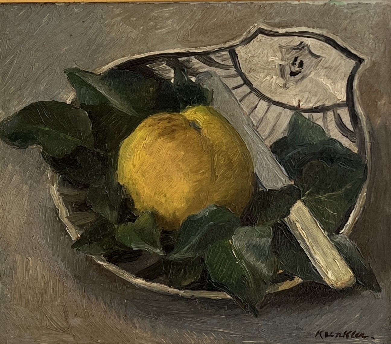 André-Laurent Kunkler, Nature morte fruit faïence et couteau André-Laurent Kunkler, Nature morte fruit faïence et couteau