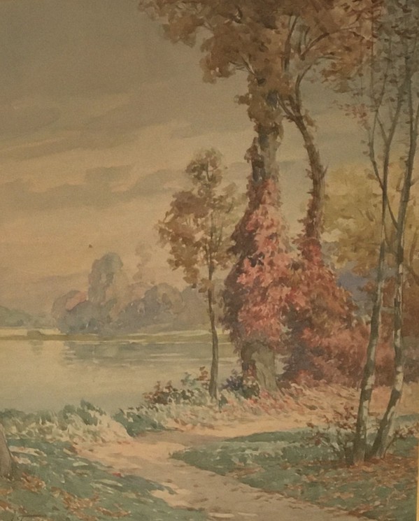 Paysage de lac en automne en peinture aquarelle originale