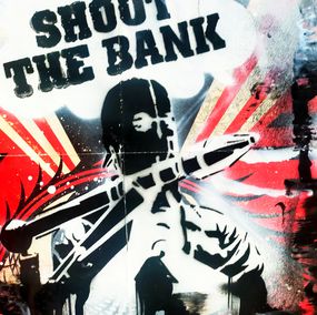 JP Malot, Original Shoot The Bank stencil (on Obey poster) JP Malot, Original Shoot The Bank stencil (on Obey poster)
