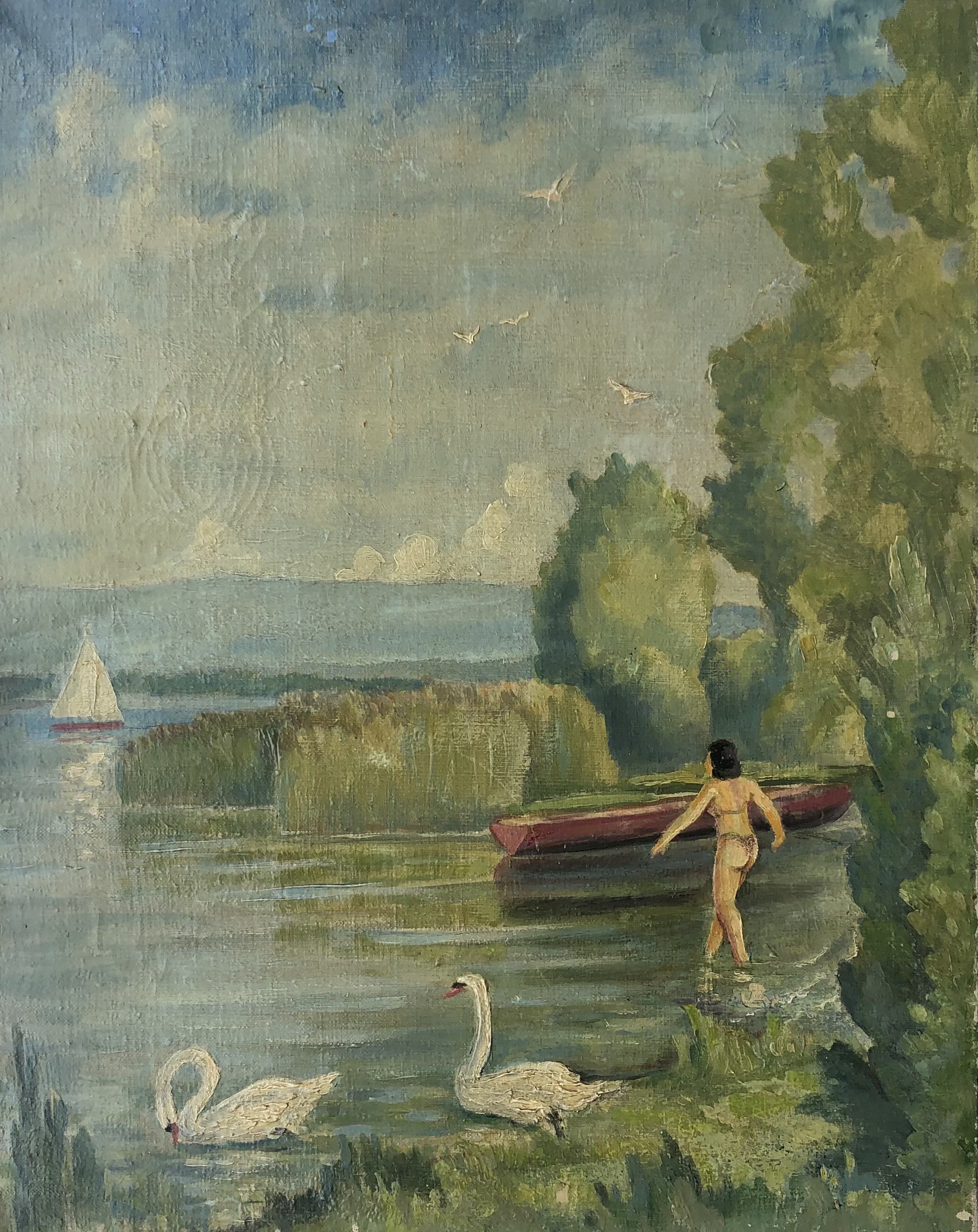 Jules Gaillepand, La baigneuse aux cygnes, Pointe à la Bise Genève Jules Gaillepand, La baigneuse aux cygnes, Pointe à la Bise Genève