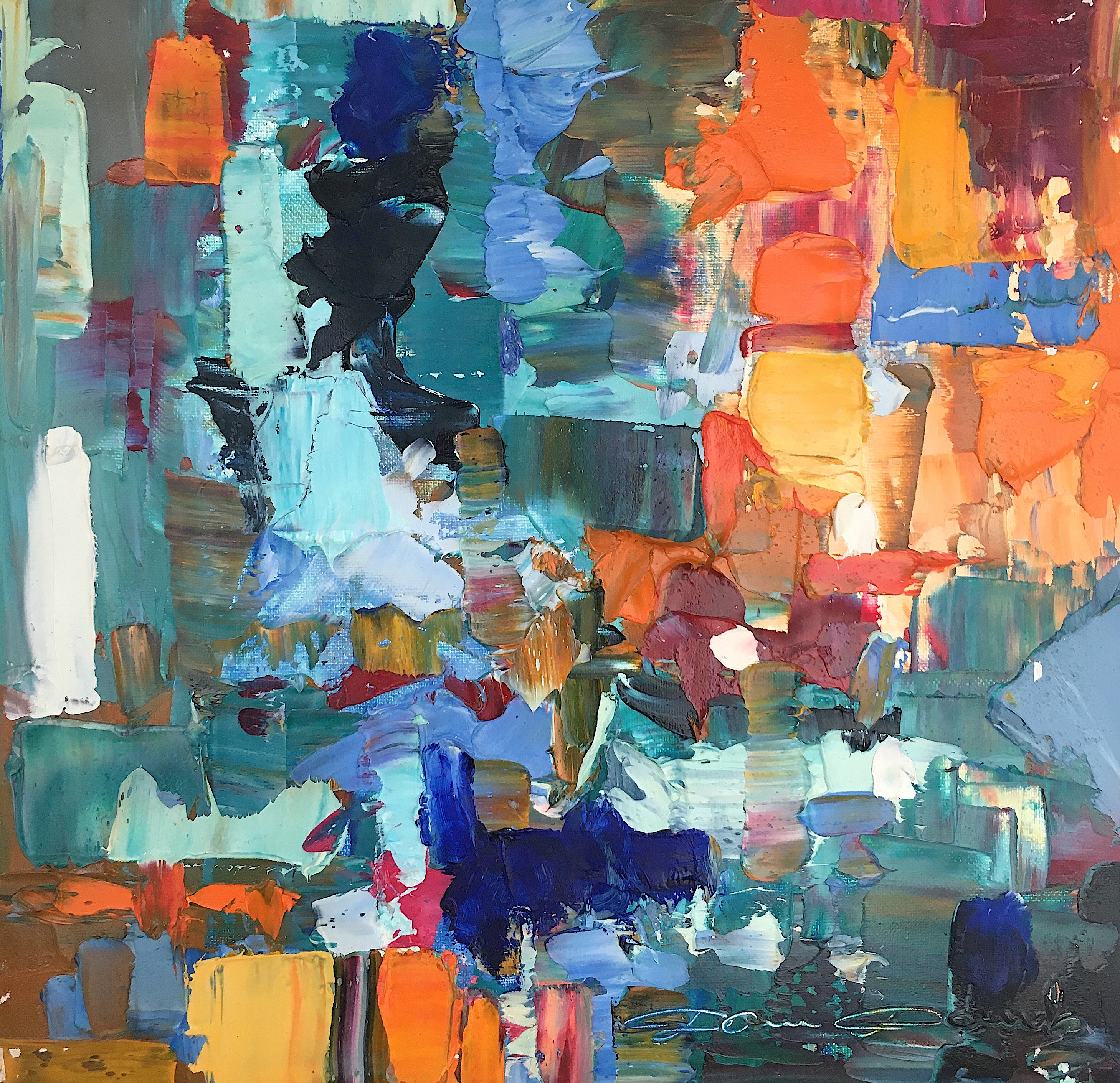 Dam Domido, Abstraction chromatique en turquoise et orange Dam Domido, Abstraction chromatique en turquoise et orange