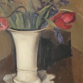 Pintura, Bouquet de fleurs dans un vase blanc et napperon, René Guinand