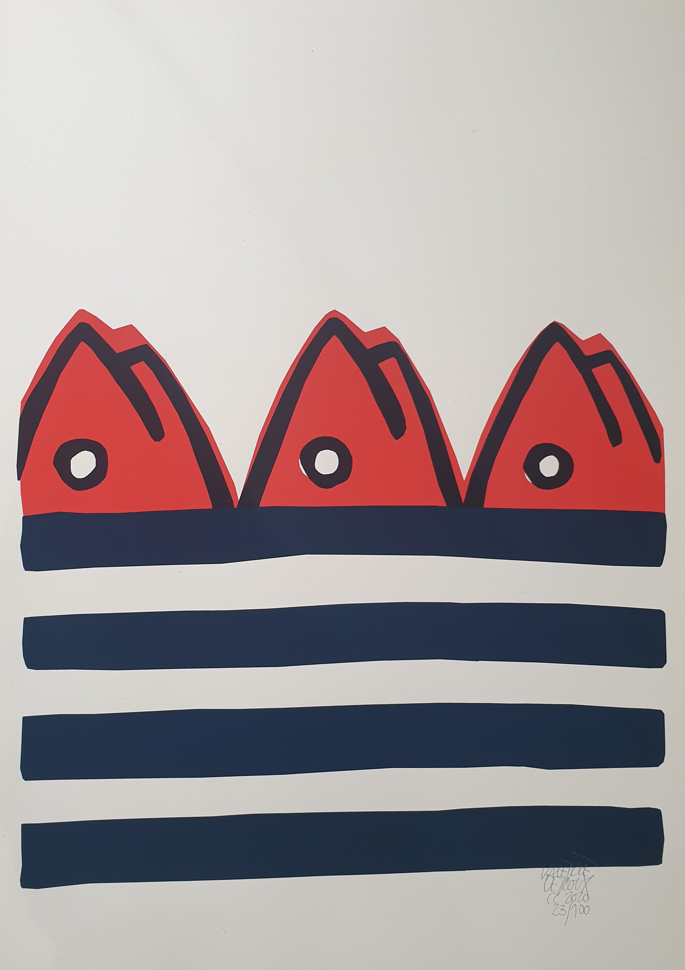 Valérie Le Roux, 3 Poissons rouges rayures bleues Valérie Le Roux, 3 Poissons rouges rayures bleues