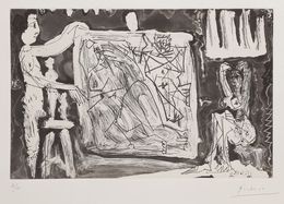 Dans l’atelier : deux modèles avec une grande toile et des sculptures, Pablo Picasso