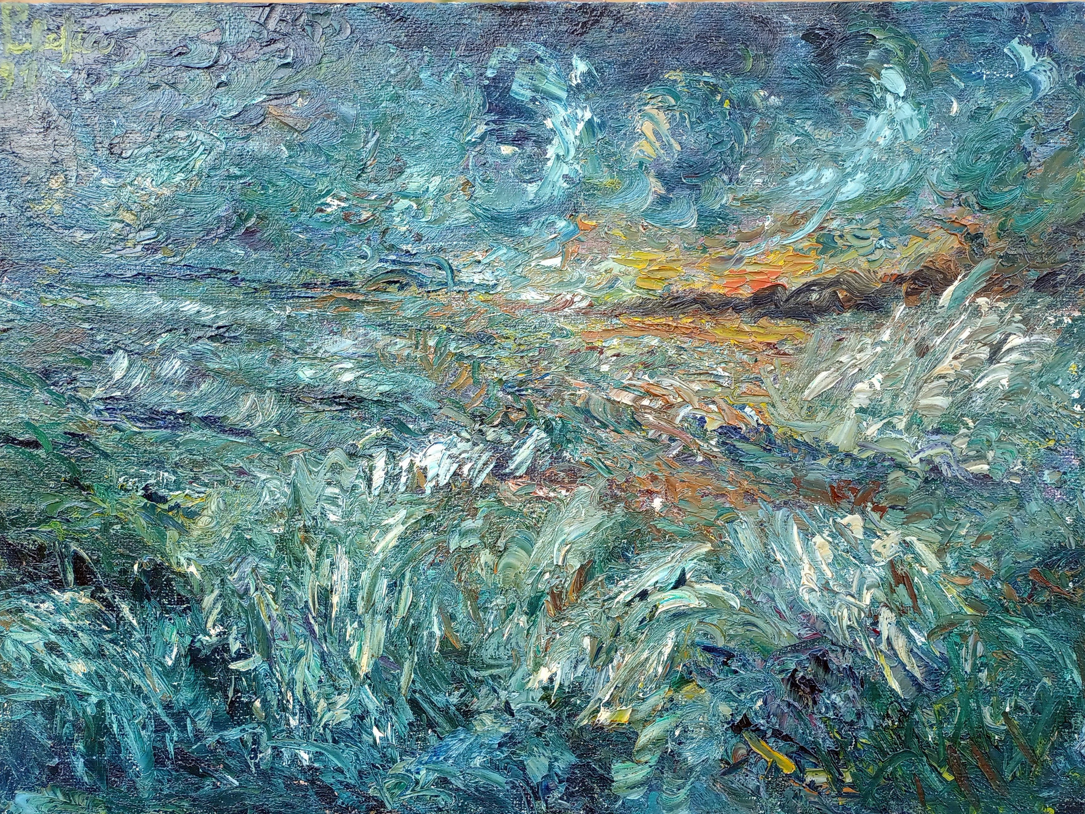 Antonino Puliafico, Mare impetuoso al tramonto olio su canapa Antonino Puliafico, Mare impetuoso al tramonto olio su canapa