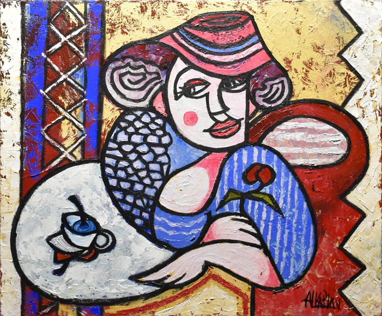 ▷ Femme à l'heure du déconfinement, retour au plaisir, tasse de café et  fleur par Alkaplan, 2020, Peinture