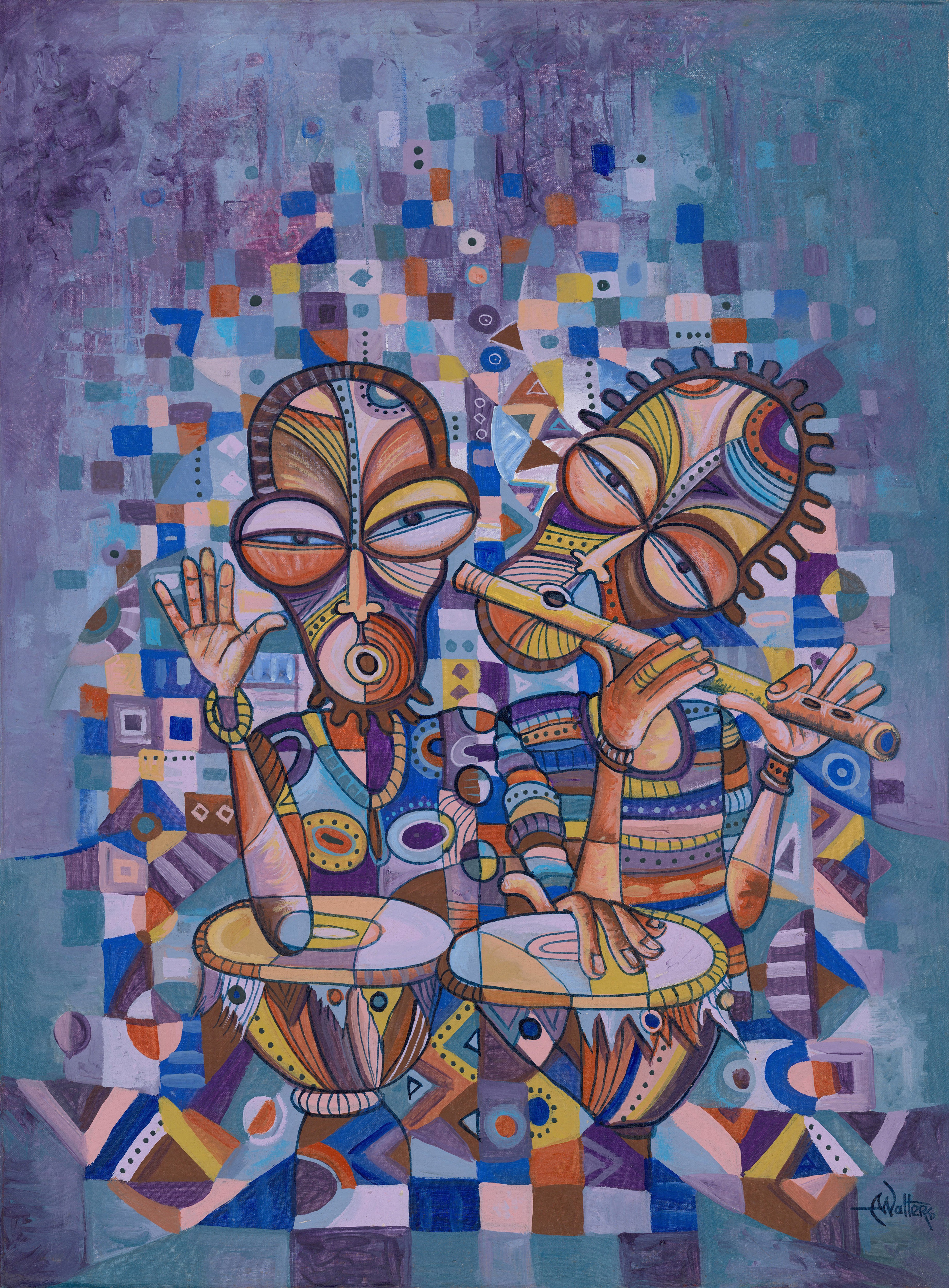 Angu Walters, The Drummer and Flutist 4 painting from Africa Angu Walters, The Drummer and Flutist 4 painting from Africa