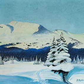 Painting, Paysage de montagne et sapin enneigé, P. Audemars
