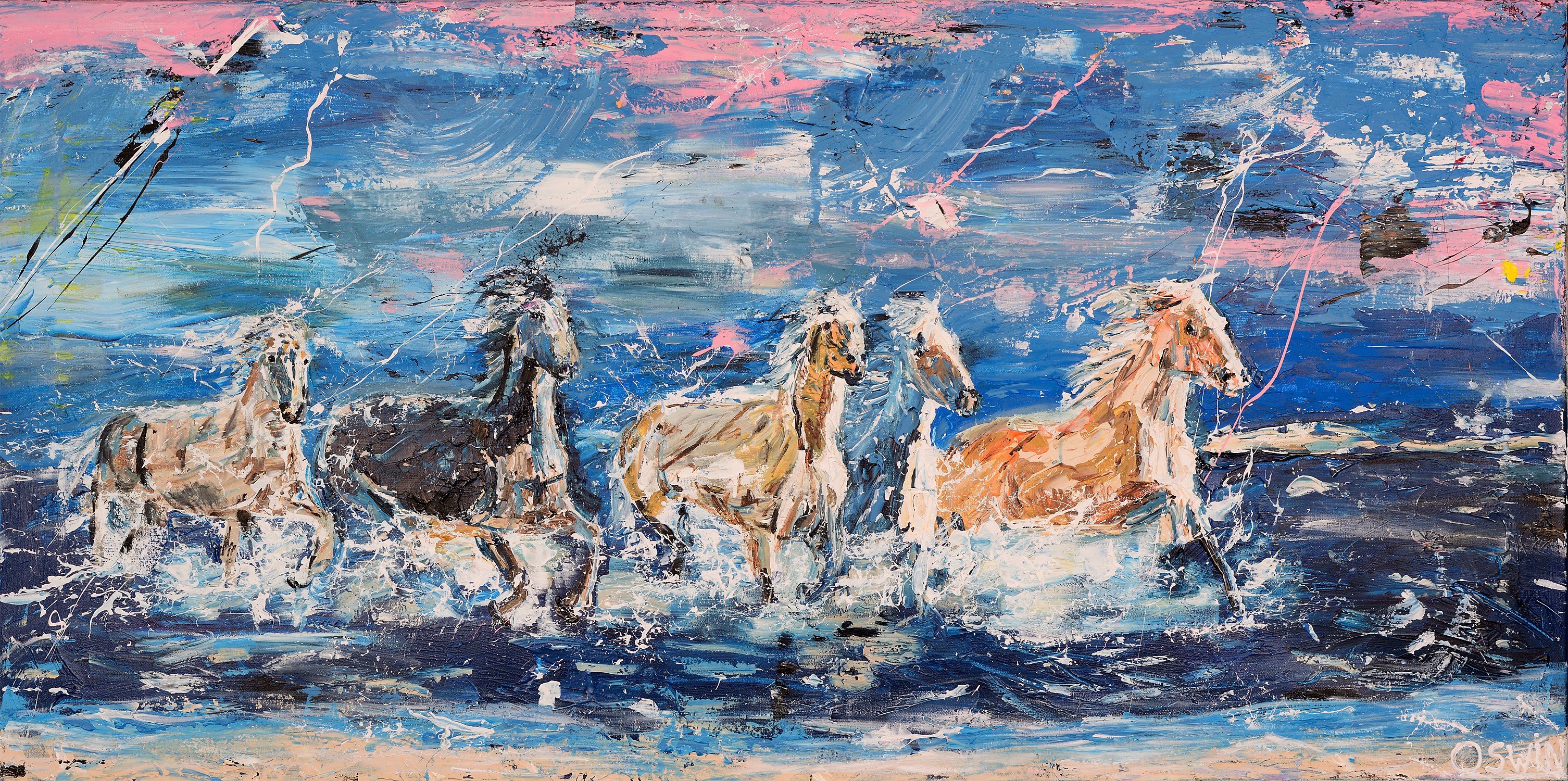 Oswin Gesselli, FIVE HORSES ON THE BEACH Oswin Gesselli, FIVE HORSES ON THE BEACH