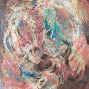 Painting, "Enfouissement" abstrait acrylique collage végétaux sur lin 73x60cm 2021, Emmanuelle Vroelant