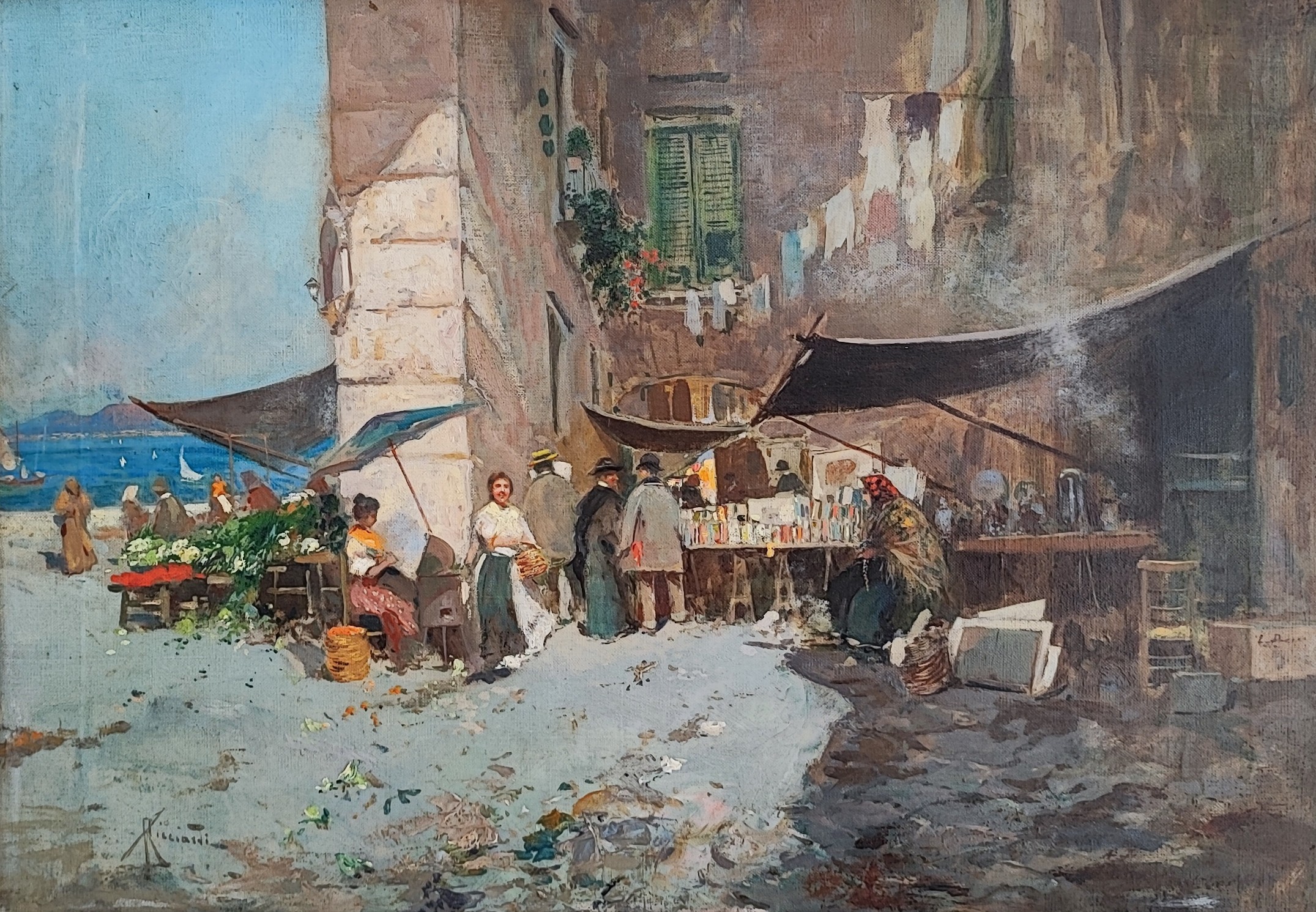 Oscar Ricciardi, Petit marché animé à Naples et vue sur le Vésuve Oscar Ricciardi, Petit marché animé à Naples et vue sur le Vésuve