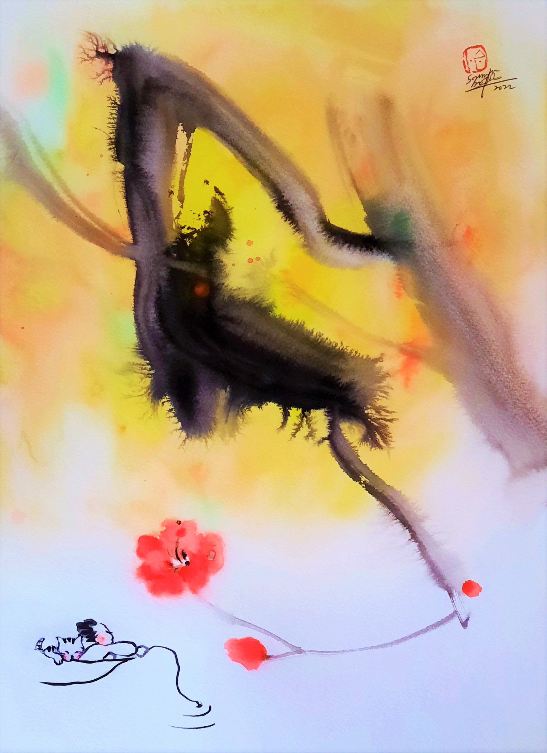 Sounya Whang, Portrait Homme et chat Printemps arrive Sounya Whang, Portrait Homme et chat Printemps arrive
