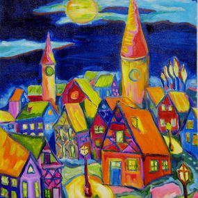 Painting, Village de nuit, Hervé Le Bis