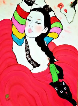 Painting, Fille coréenne et son chat, Sounya Whang