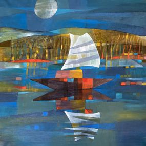 Gemälde, Boat and moon, Samiran Boruah