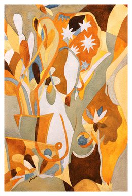 Painting, Abstrait nu N°18 - Stars in hairs - ocre, Aurélie Trabaud