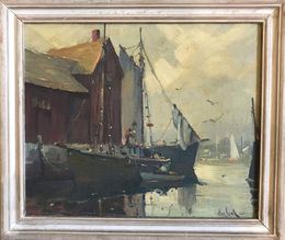 Painting, Boats in Harbor, Massachusetts (Framed Mid-Century Seascape Painting), Otis Pierce Cook