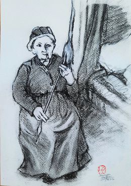 Dessin, Portrait Grand-mère Fileuse de laine, Sounya Whang