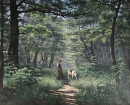 Peinture, Femme et chèvre dans un paysage boisé, Adolphe Potter
