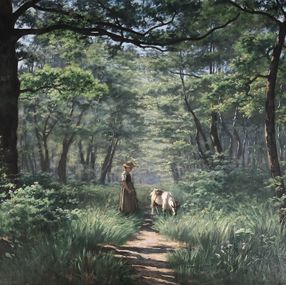 Gemälde, Femme et chèvre dans un paysage boisé, Adolphe Potter