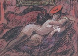 Fine Art Drawings, Femme étendue au chapeau rouge, Emile-François Chambon