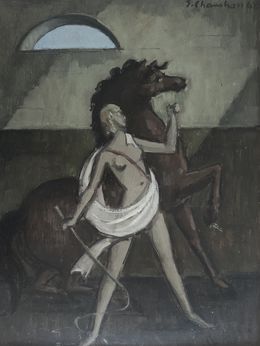 Peinture, Femme avec cheval et lasso, Emile-François Chambon