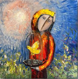 Girl with Bird (Contemporary Abstract Portrait Painting), Alex Garncarek