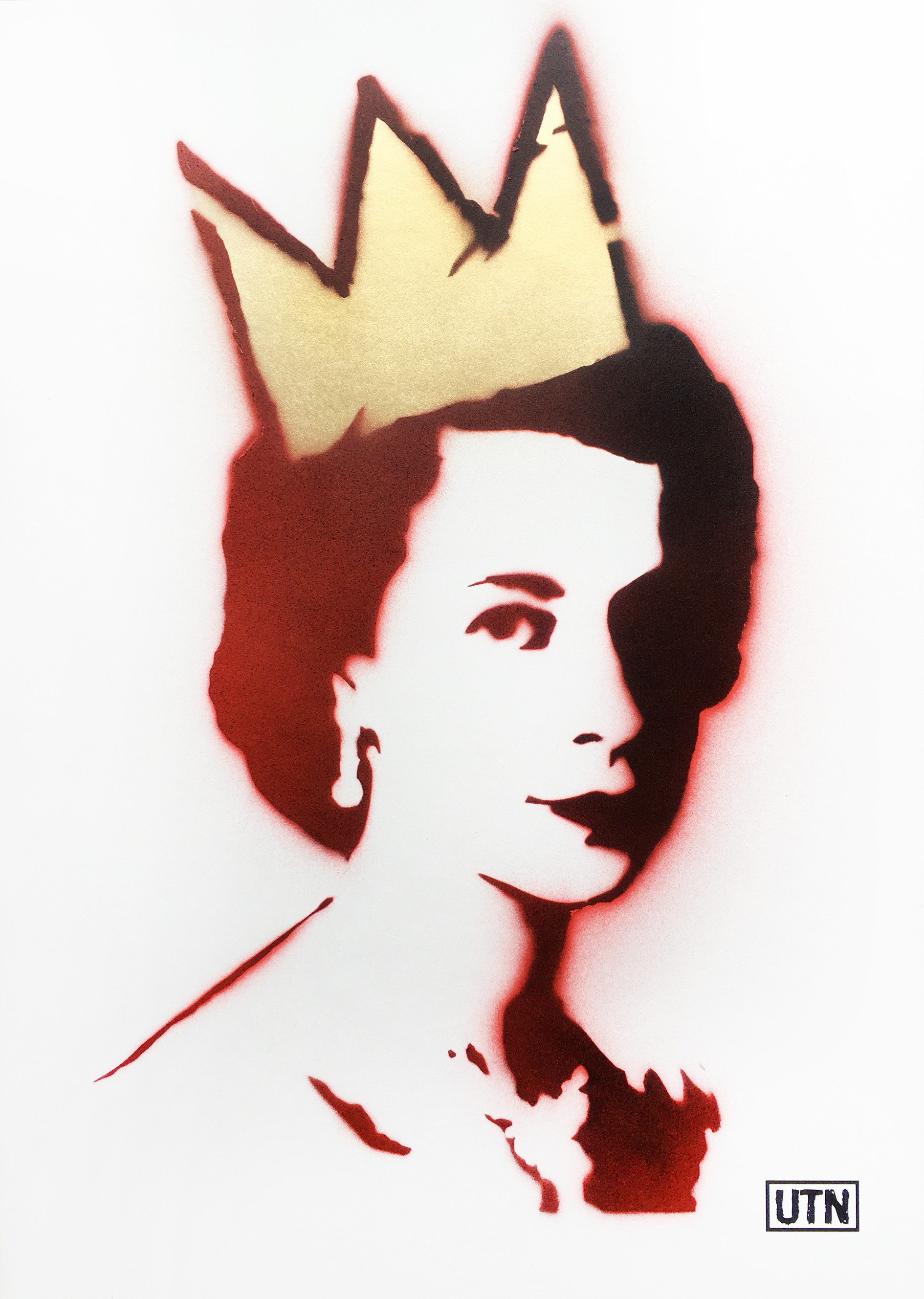 UTN, Queen Elisabeth in royal red with golden Basquiat crown UTN, Queen Elisabeth in royal red with golden Basquiat crown