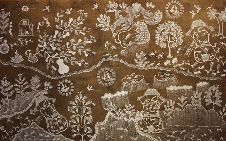 Shantaram Tumbada, L'arche de Noé, légende Warli Shantaram Tumbada, L'arche de Noé, légende Warli