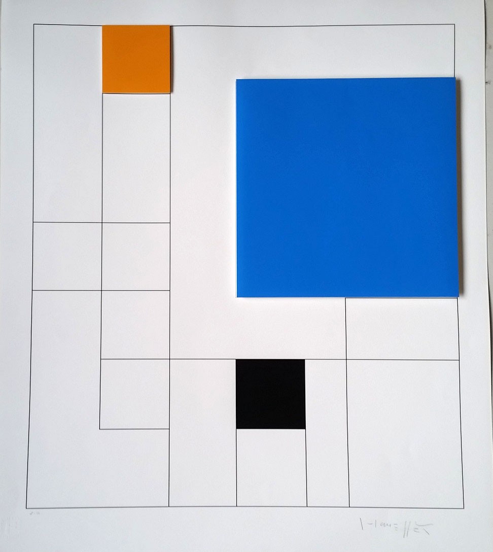 Gottfried Honegger, Composition 3 carrés 3D (bleu, orange, noir) Gottfried Honegger, Composition 3 carrés 3D (bleu, orange, noir)