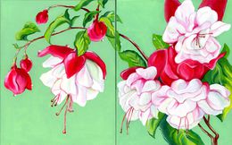 Pintura, Floral Diptych original oil paintings, Fuchsia Diptych, Kathleen Ney