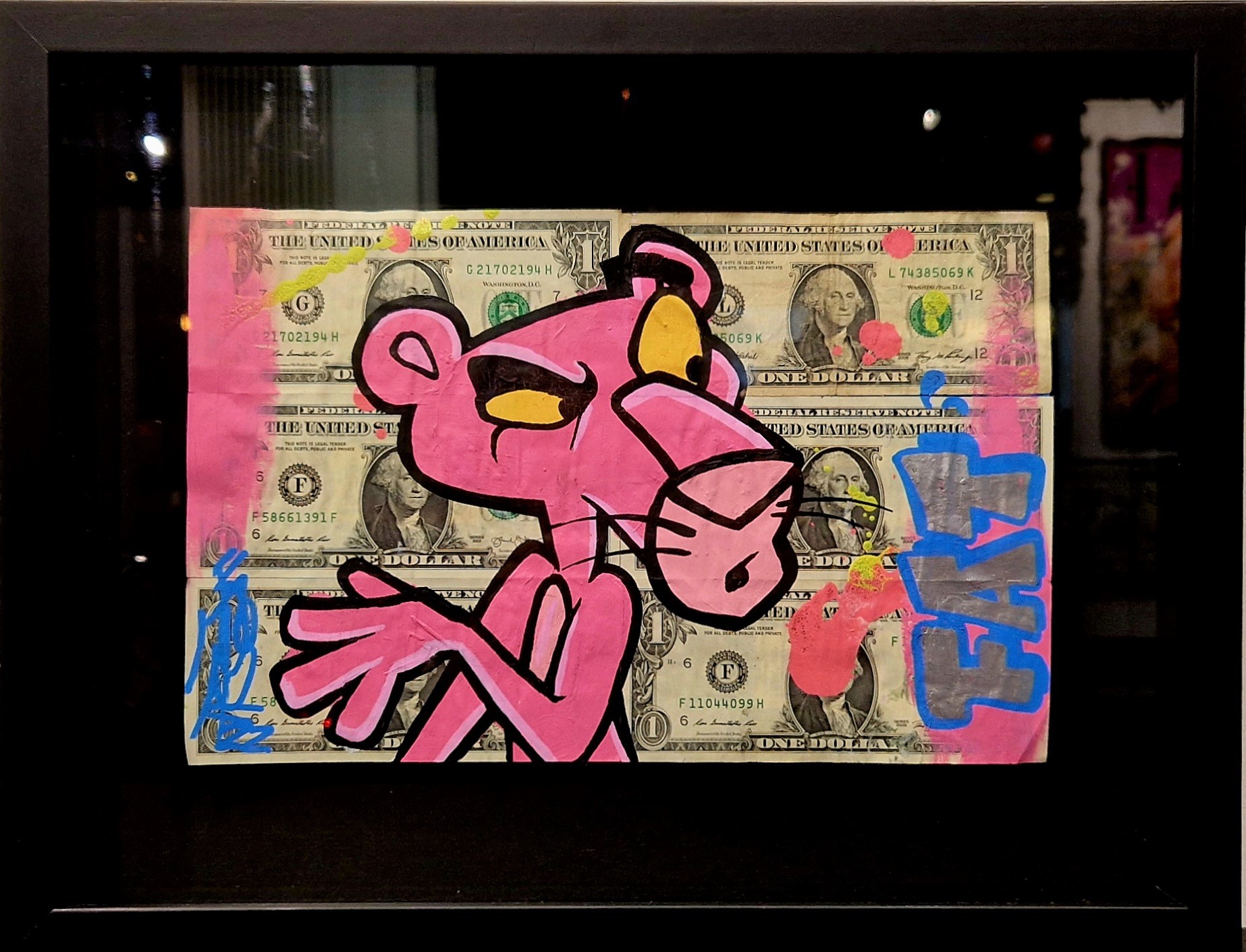 ▷ Pink Panther Dollar Bills by Fat, 2022, Painting