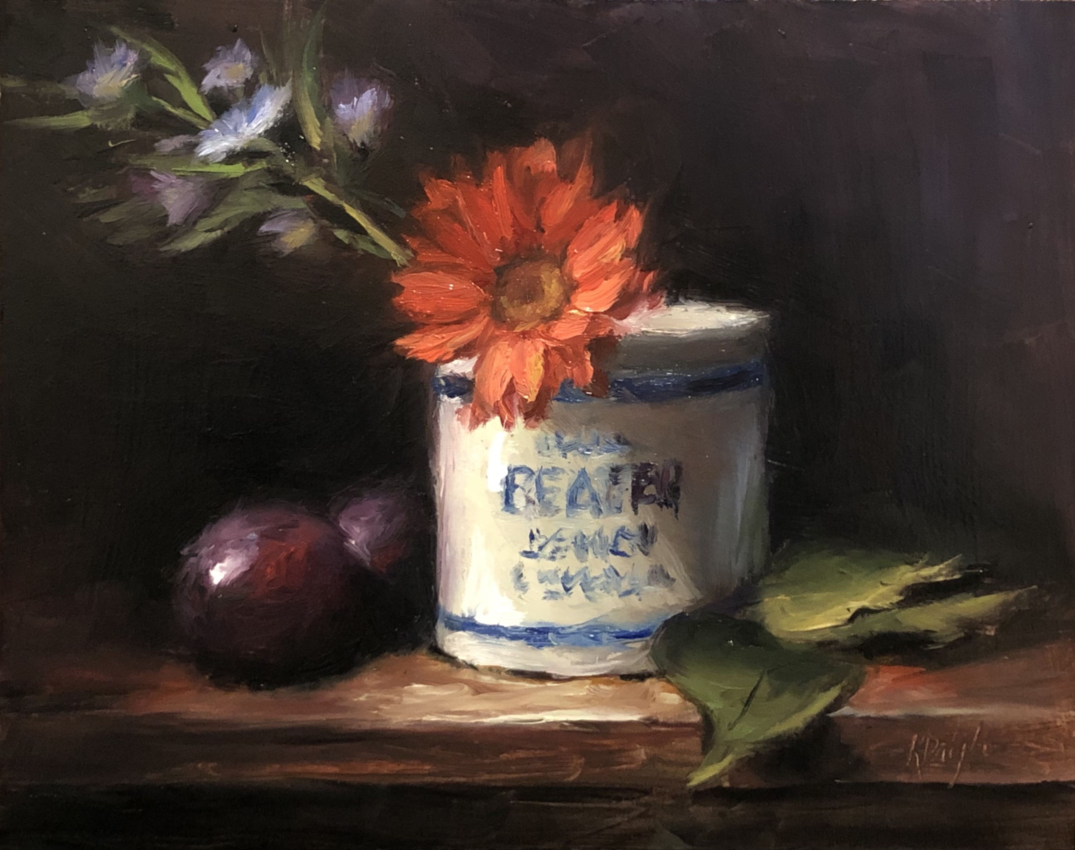 Karen Daigle, Daisy in a Beater Jar, Painting, Oil on Wood Panel Karen Daigle, Daisy in a Beater Jar, Painting, Oil on Wood Panel