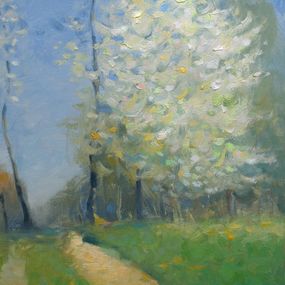 Gemälde, Impressionism Tree Spring Blossom Early Morning, Gav Banns