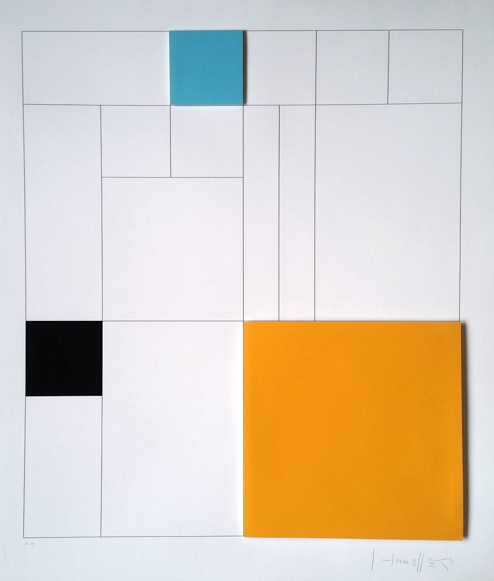 Gottfried Honegger, Composition 3 carrés 3D (turquoise, orange, noir) Gottfried Honegger, Composition 3 carrés 3D (turquoise, orange, noir)